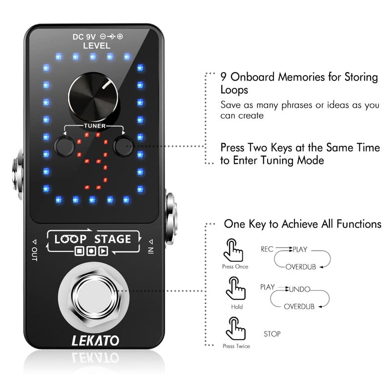 LEKATO Looper Guitar Pedal Guitar Loop Pedal Tuner Pedal 9 Loops 40 Minutes Record Time Unlimited Overdubs for Electric Guitar Bass (Black) - Image 3